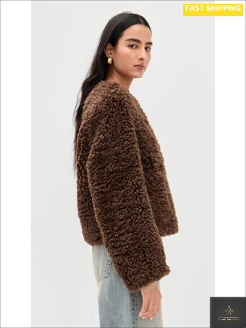 Faux Shearling Casual Jacket Faux Leather Trim Welt Pockets - Picture 4 of 5